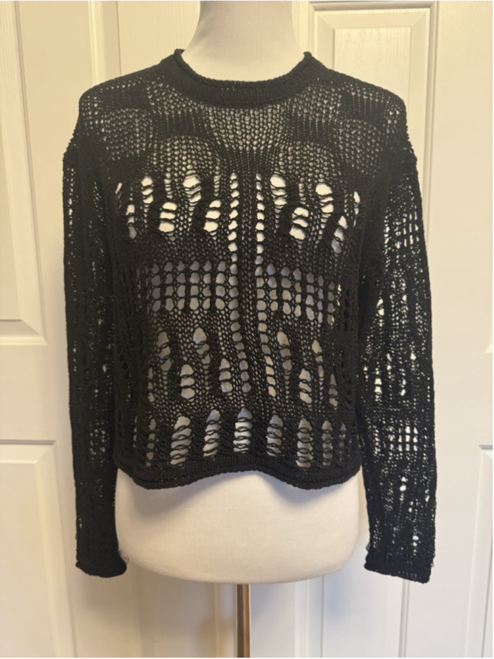Theory Open Knit Cropped Sweater Black Sheer Minimalist Coastal Chic Women's S